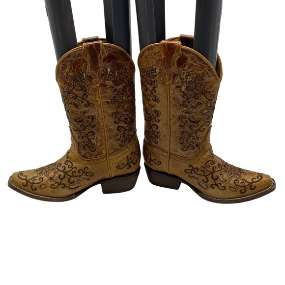 Jar Boot's Made in Mexico Tan Leather Cut-Out/Embroidery Snip Toe boots Girl 1 - Picture 6 of 14